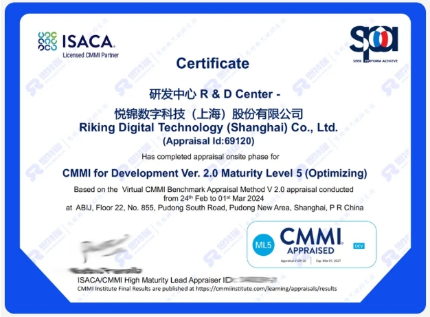 悅錦數(shù)字科技（上海）股份有限公司榮獲CMMI5級(jí)認(rèn)證，實(shí)力邁向國(guó)際標(biāo)準(zhǔn)！